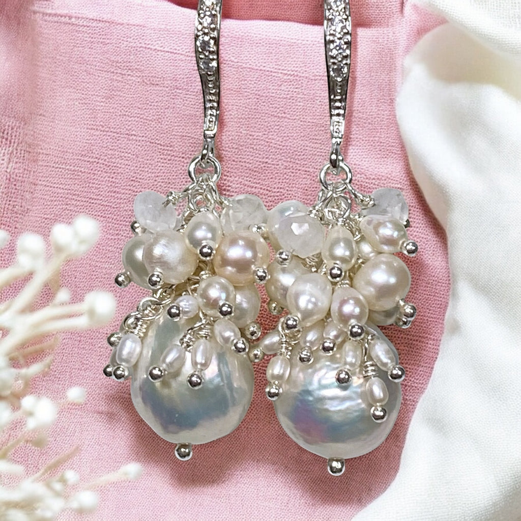 White Edison Pearl Cluster Earrings with Moonstone in Sterling Silver