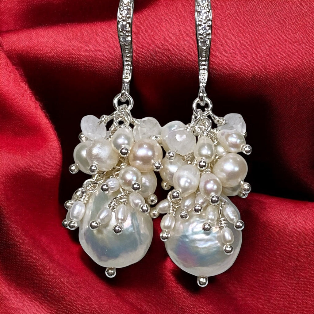 White Edison Pearl Cluster Earrings with Moonstone in Sterling Silver