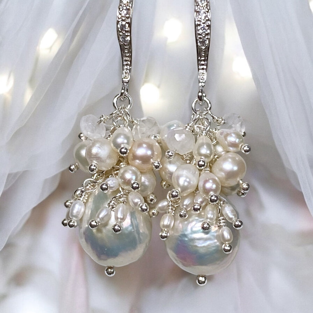 White Edison Pearl Cluster Earrings with Moonstone in Sterling Silver
