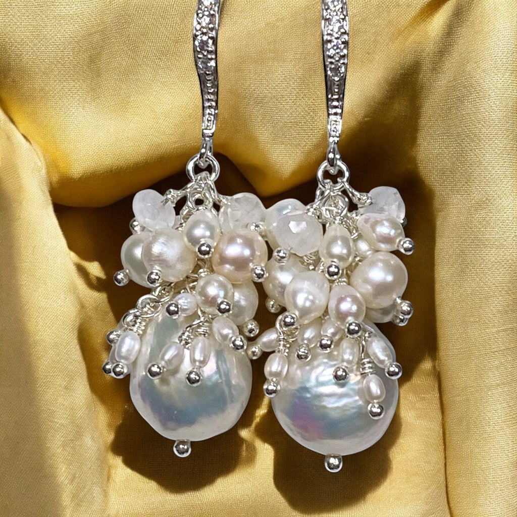 White Edison Pearl Cluster Earrings with Moonstone in Sterling Silver