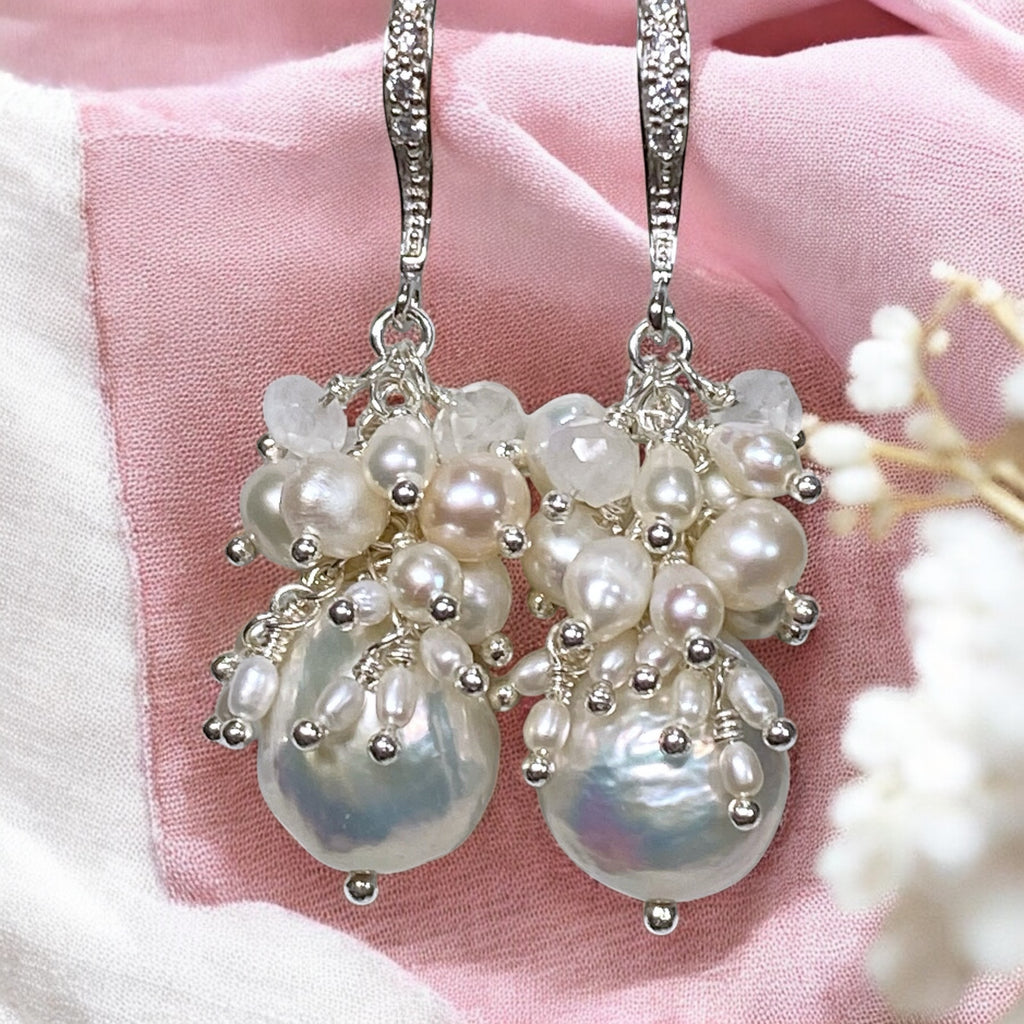 White Edison Pearl Cluster Earrings with Moonstone in Sterling Silver