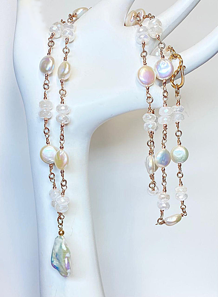 Rose Gold Ivory Baroque Pearl Mystic Moonstone Long Sautoir Rosary Necklace