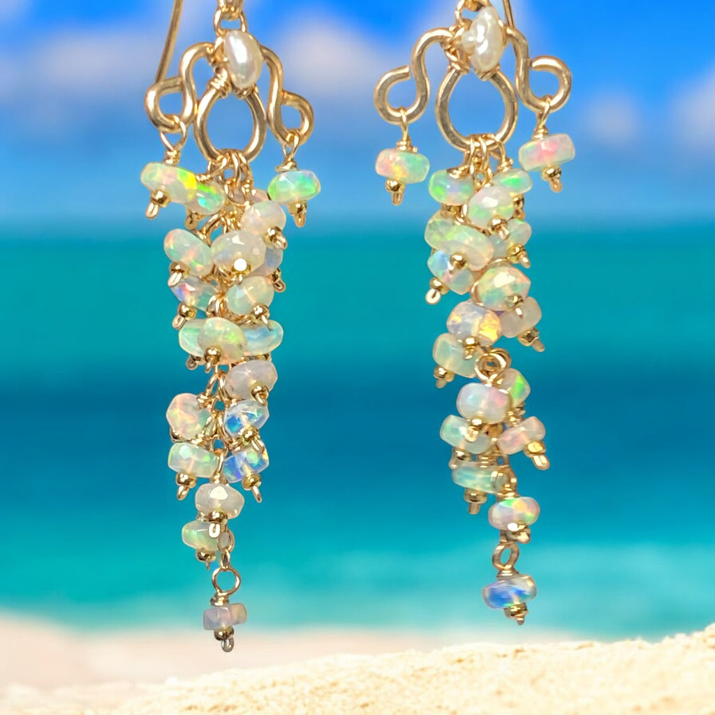 White Ethiopian Opal Chandelier Tassel Earrings Gold Fill