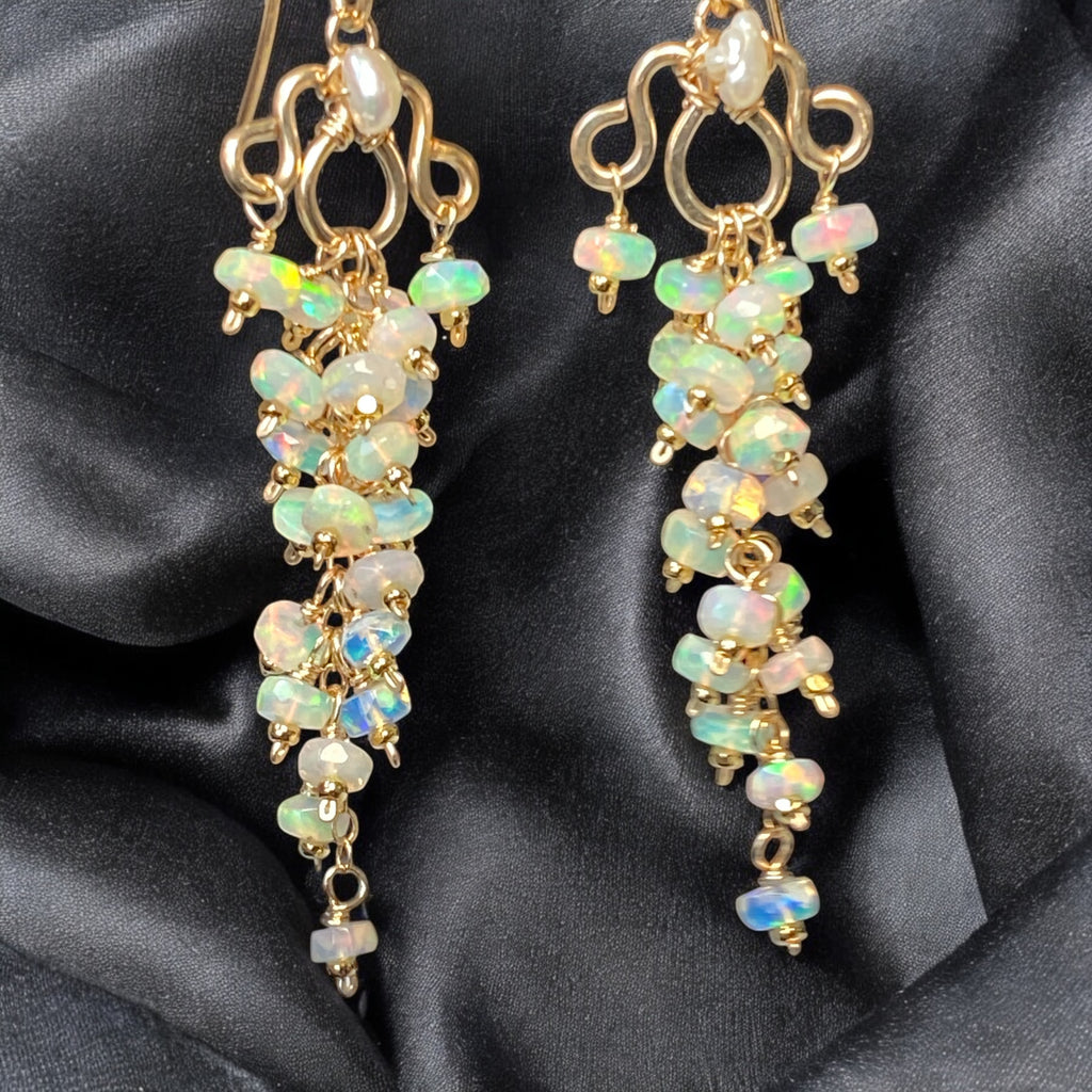 White Ethiopian Opal Chandelier Tassel Earrings Gold Fill