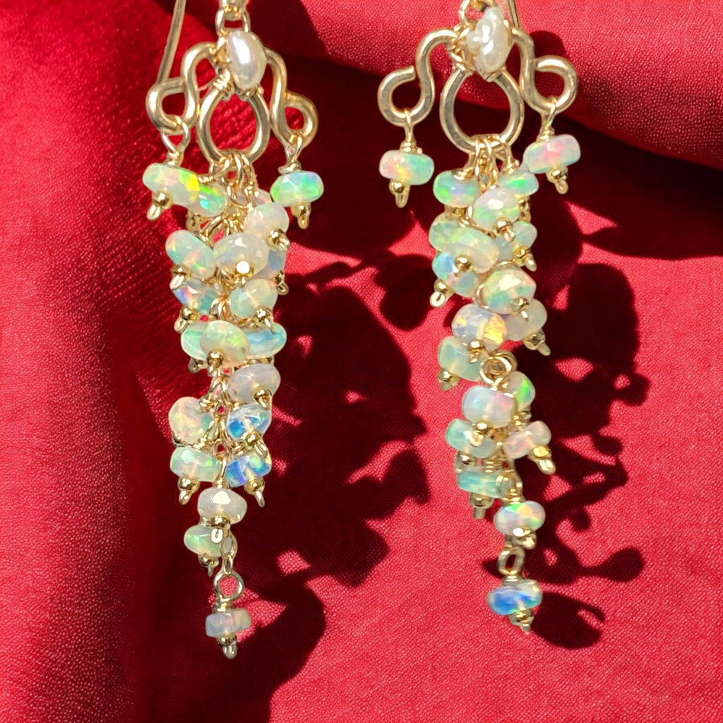 White Ethiopian Opal Chandelier Tassel Earrings Gold Fill