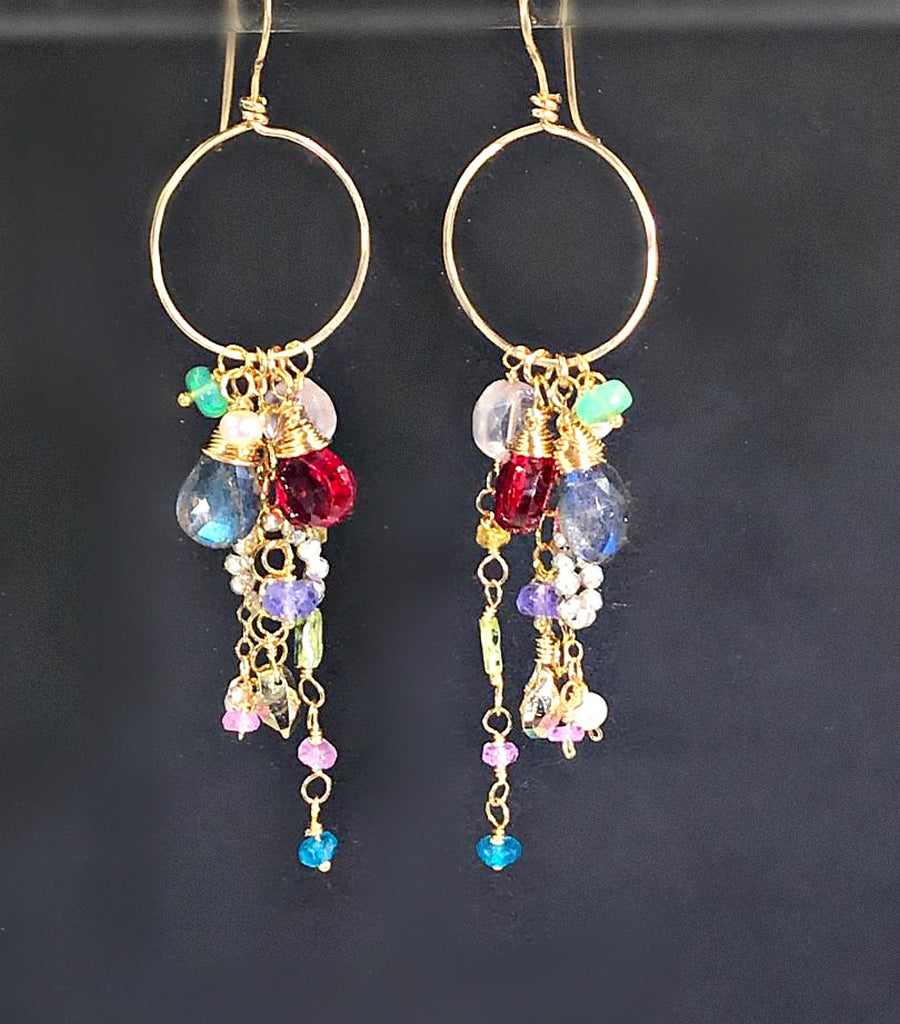 Multi-color Gemstone Dangle Earrings Gold Chain Red Topaz - doolittlejewelry