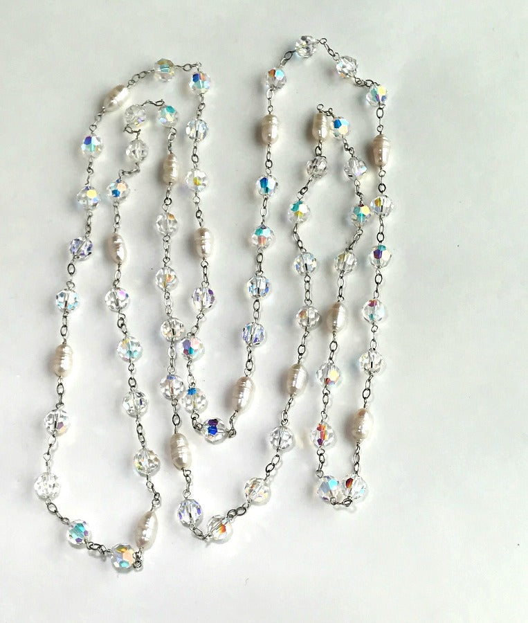 Swarovski Crystal Pearl Long Necklace Wire Wrapped Sterling Silver Sautoir - doolittlejewelry