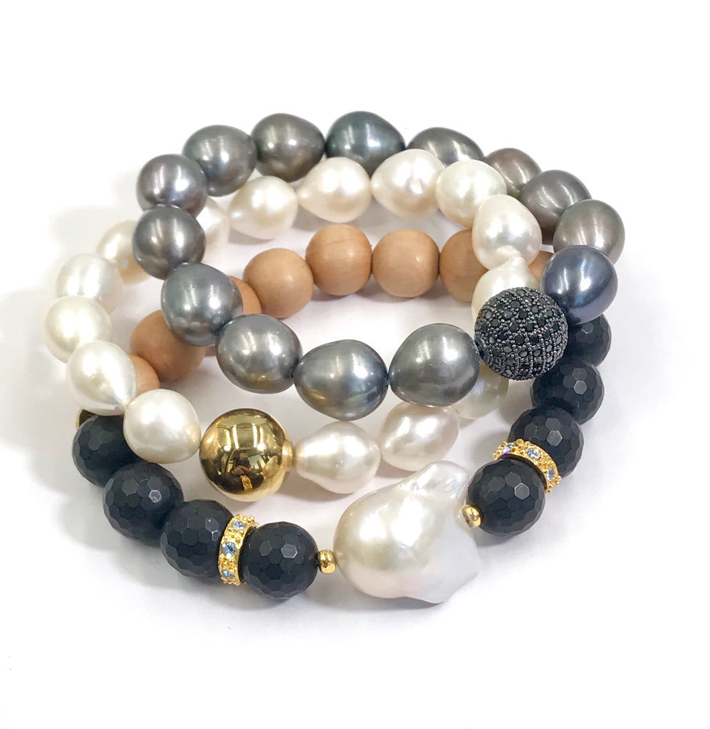 Pearl, Black Onyx, Sandalwood Stack Bracelet Diamond Look - doolittlejewelry