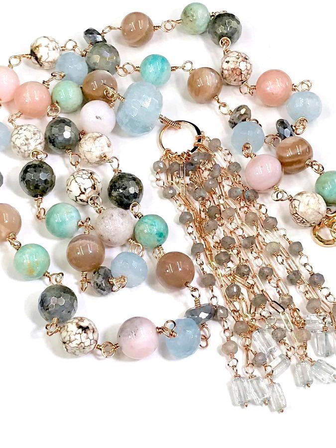 Multi-stone Long Tassel Rose Gold Necklace - doolittlejewelry