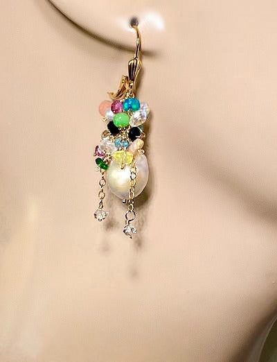 Opal Cluster Baroque Pearl Earrings Multi-color Gemstone - doolittlejewelry