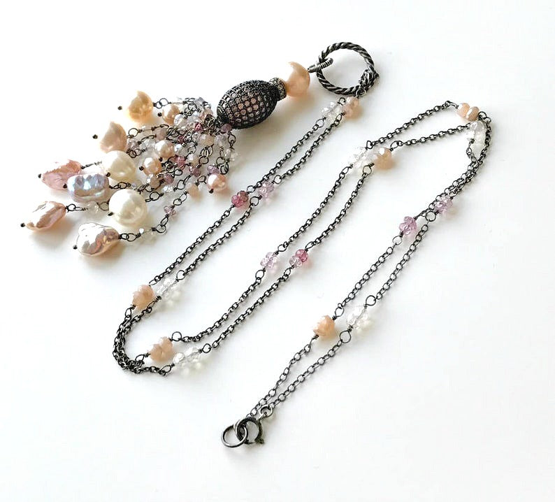 Blush Keishi Pearl Pink Spinel Oxidized Silver Long Tassel Necklace Pave CZ - doolittlejewelry