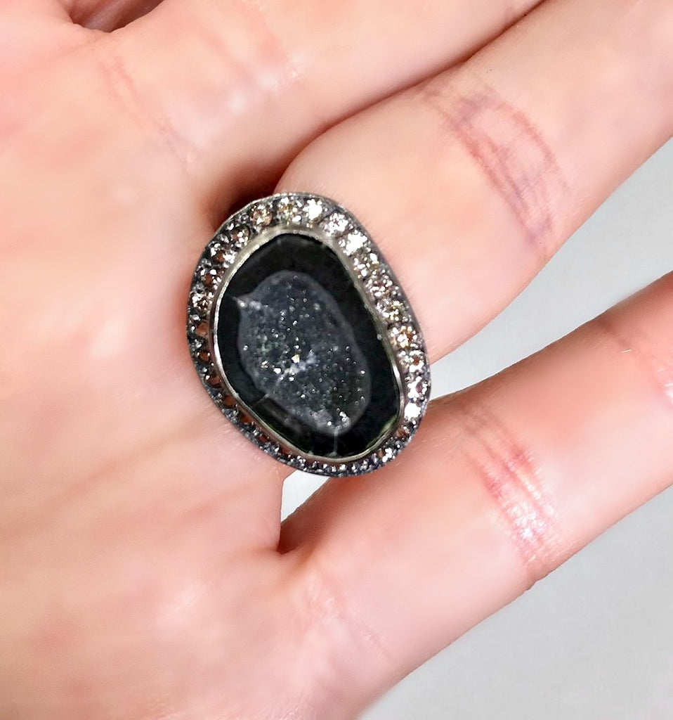 Black Geode and Pave Sapphire Ring in Oxidized Sterling Silver - doolittlejewelry