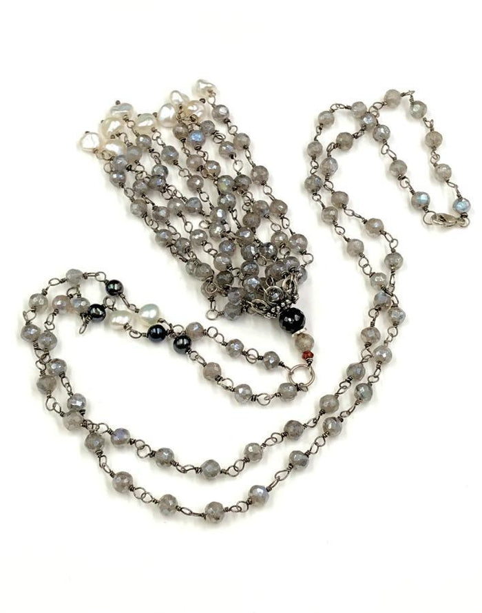 Mystic Labradorite Tassel Necklace Wire Wrapped - doolittlejewelry