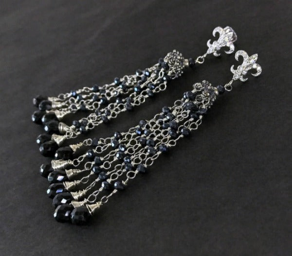 Gemstone Tassel Earrings Mystic Black Spinel Sterling Silver - doolittlejewelry