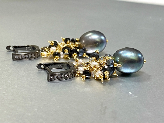 Black Pearl Earrings with White Pearl and Black Spinel Clusters Lever Back