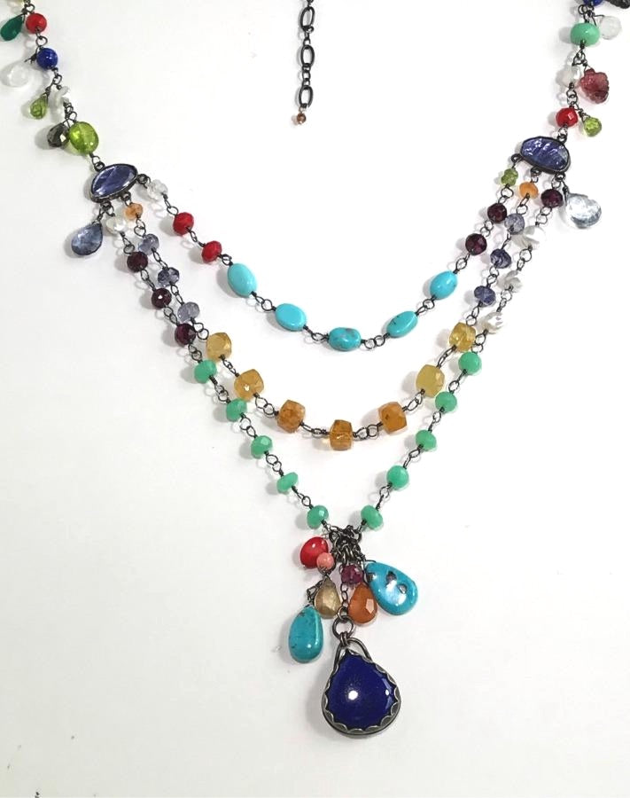 Multi-Strand Long Wire Wrap Gemstone Necklace - doolittlejewelry
