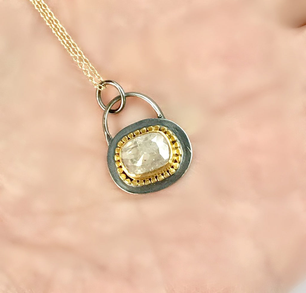 Champagne Rose Cut Diamond Pendant 22kt Gold Granulation - doolittlejewelry