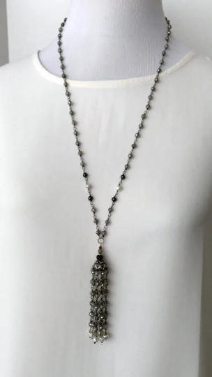 Mystic Labradorite Tassel Necklace Wire Wrapped - doolittlejewelry