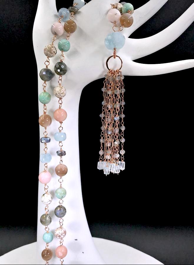 Multi-stone Long Tassel Rose Gold Necklace - doolittlejewelry