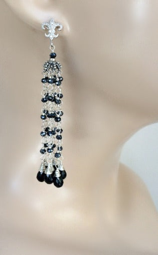 Gemstone Tassel Earrings Mystic Black Spinel Sterling Silver - doolittlejewelry