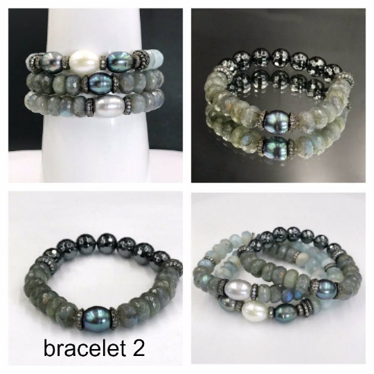 Aquamarine, Labradorite Gemstone Stack and Stretch Layering Bracelets Set - doolittlejewelry
