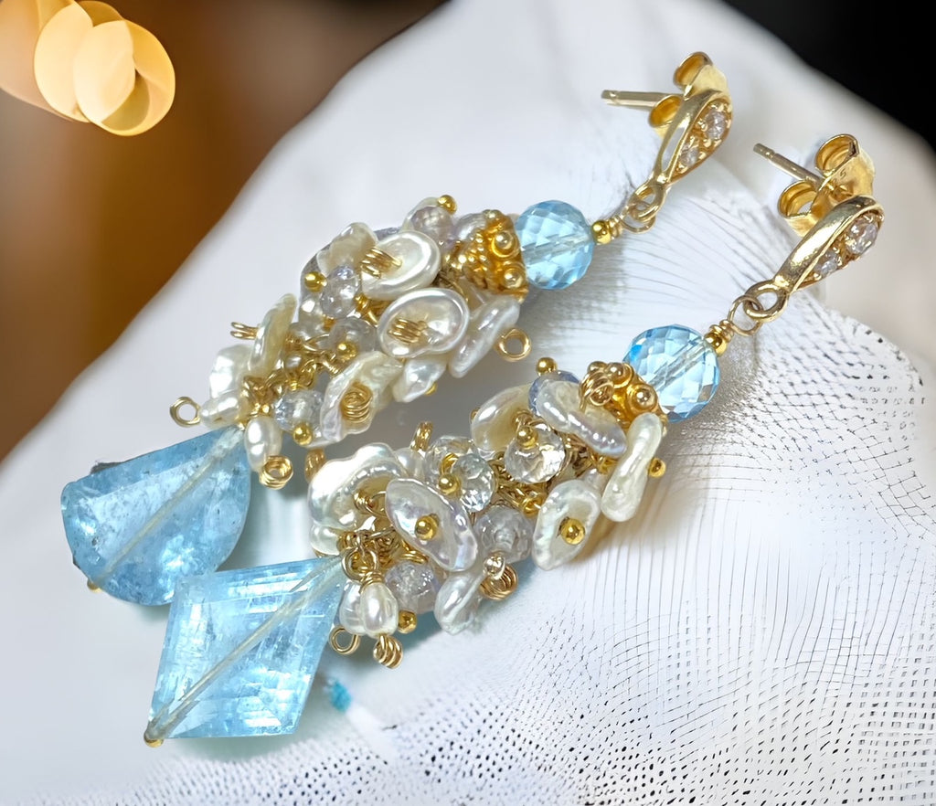 Blue Aquamarine Gemstone Keishi Pearl Cluster Earrings