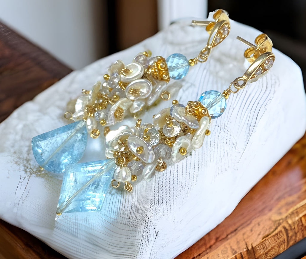 Blue Aquamarine Gemstone Keishi Pearl Cluster Earrings