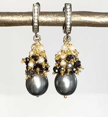 Black Pearl Earrings with White Pearl and Black Spinel Clusters Lever Back