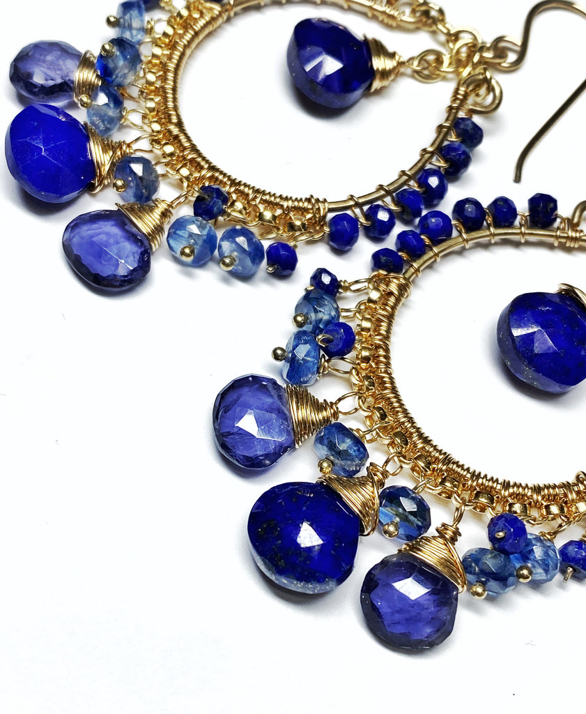 Blue Gemstone Gold Hoop Chandelier Earrings Lapis Kyanite Iolite