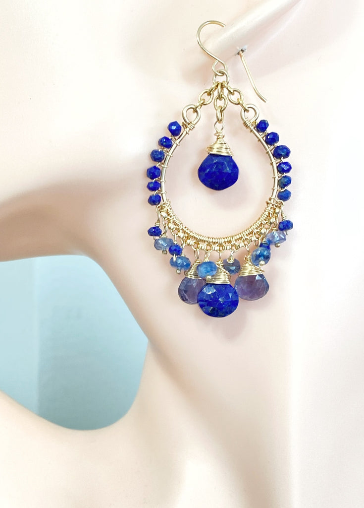 Blue Gemstone Gold Hoop Chandelier Earrings Lapis Kyanite Iolite