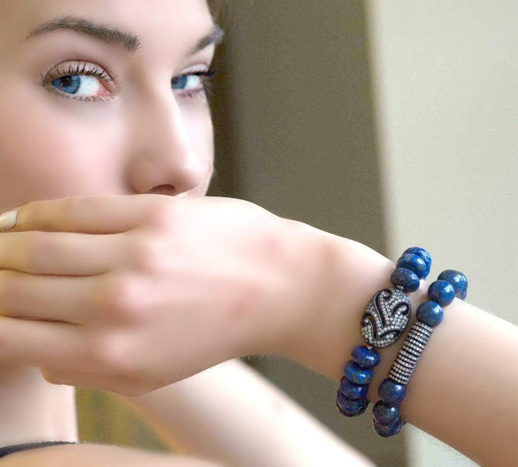 Blue Lapis Stretch Gemstone Beaded Bracelets Set of 2 - doolittlejewelry