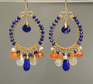 Blue Lapis Gold Fill Hoop Earrings Mystic Carnelian & Fire Opal