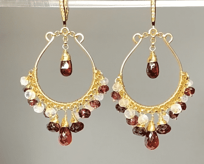 Red Garnet Gold Hoop Earrings Rainbow Moonstone