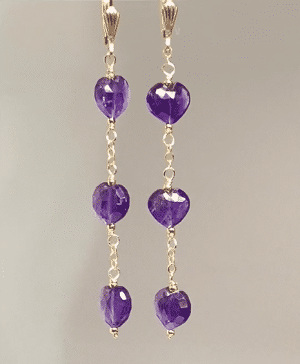 Amethyst Heart Dangle Earrings Gold Fill Handmade