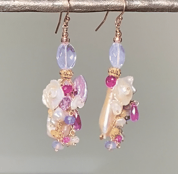 blush biwa pearl earrings with rose gold fill and scorolite, keishi pearls, pink sapphires and more