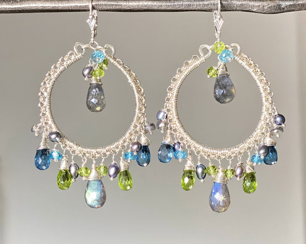 London Blue Topaz Labradorite Gemstone Hoop Earring Sterling Silver