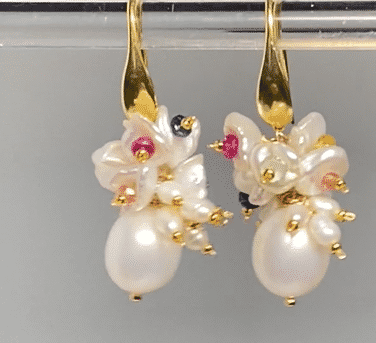 Pearl Cluster Earrings with Multicolor Sapphire Gemstone Keishi Pearls Gold Fill