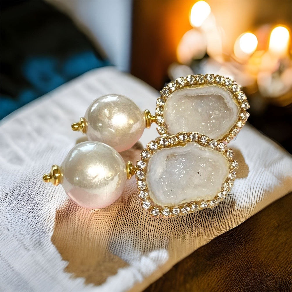 White Tabasco Geode Post Earrings with White Edison Pearls