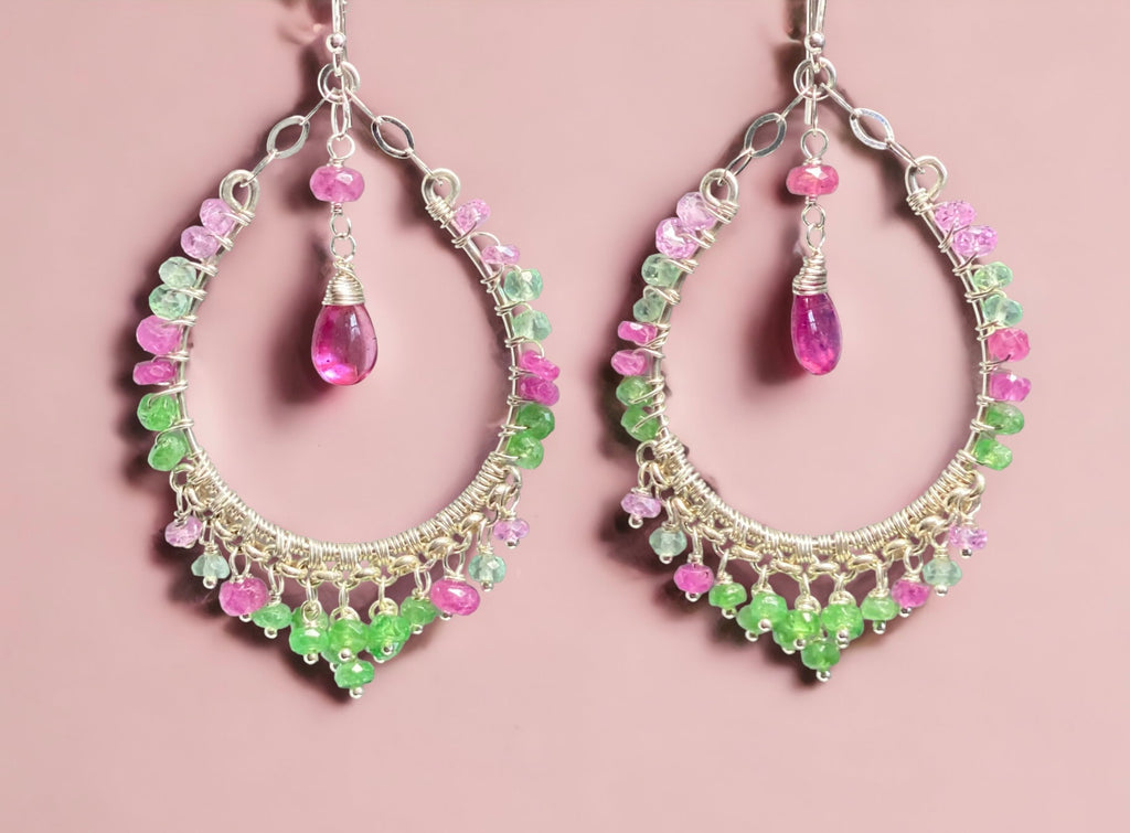Sterling Silver Pink Sapphire Tsavorite Hoop Earrings