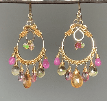 Gemstone Hoop Chandelier Earrings Gold Pastel Pink Topaz & Sapphire