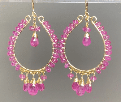 Pink Sapphire Chandelier Hoop Earrings Gold Fill