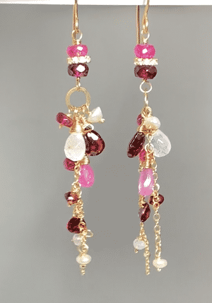 red gemstone long boho chain dangle earrings garnet pink sapphire rainbow moonstone