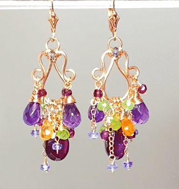 Rose Gold Chandelier Earrings Rhodolite Garnet Amethyst Lever Back