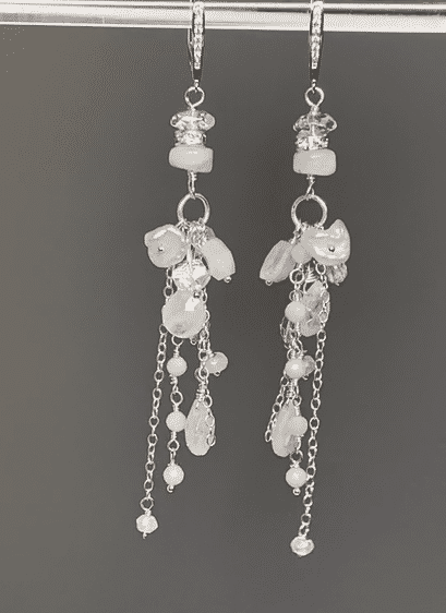Rainbow Moonstone Long Boho Earrings Crystal Quartz Sterling Silver