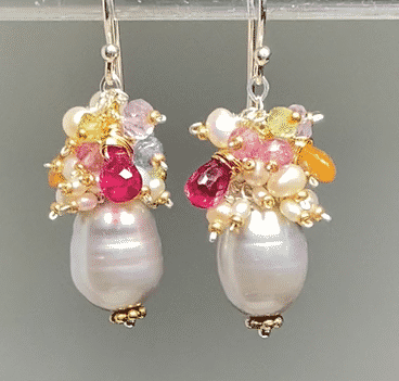 Silver Gray Platinum Baroque Pearl Gemstone Cluster Earrings Mixed Metal