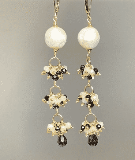 Edison Pearl Long Dangle Earrings with Black Spinel, White Pearl, Moonstone