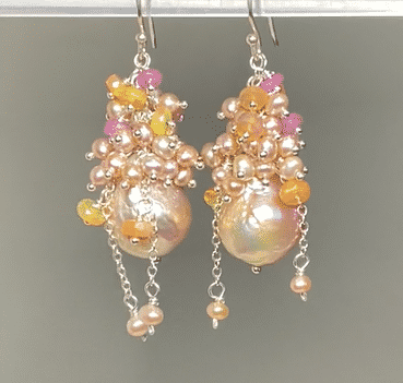 Pink Blush Baroque Pearls Opal, Sapphire Pearl Cluster Earrings