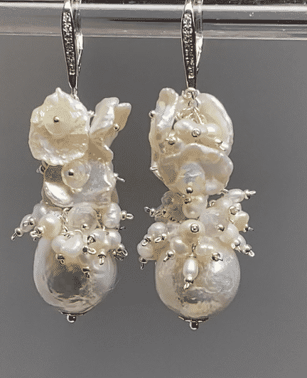 Baroque Pearl Cluster Bridal Earrings White Keishi and Opal Cascade
