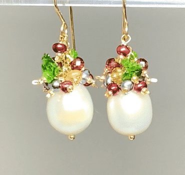 Freshwater pearl earrings with Christmas color gemstone clusters in gold fill