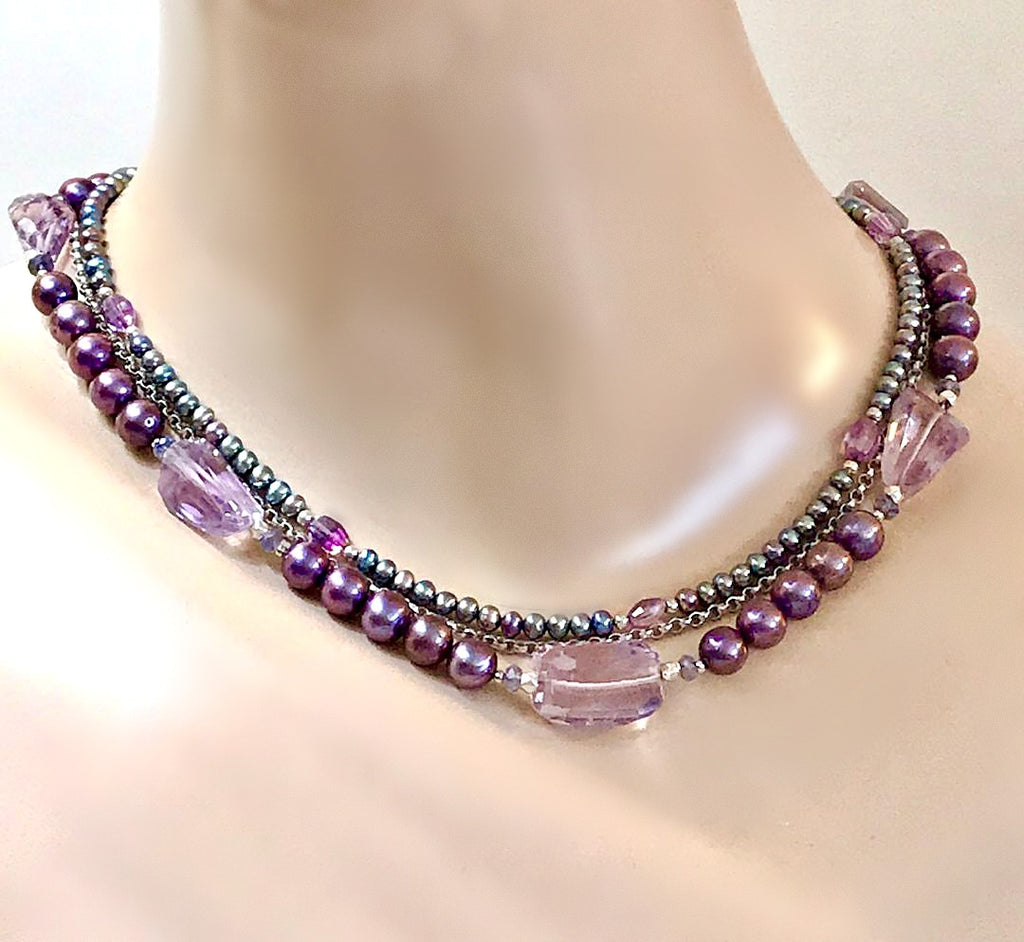 Amethyst and Pearl Multi-Strand Triple Strand Necklace - doolittlejewelry